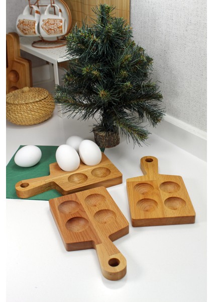 4'lü Ahşap Yumurtalık Yuvarlak Saplı Sofra Sunumu (3'lü Set)