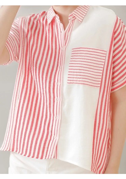 Kadın Keten Oversize Pembe Cizgili Beyaz Kısa Kollu Gömlek fiyatları