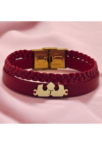 T Harfine Özel 14 Ayar Altın Plakalı Koyu Kırmızı Derili Taç Figürlü Hediye Bileklik-470Harf fiyatları