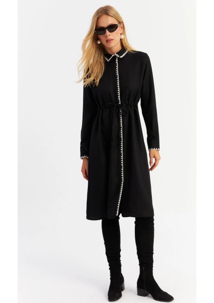 Kadın Siyah Garnili Gömlek Midi Elbise MASF10