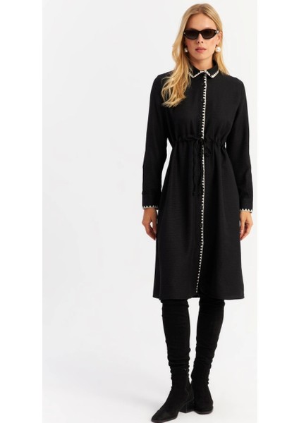 Kadın Siyah Garnili Gömlek Midi Elbise MASF10 fiyatları