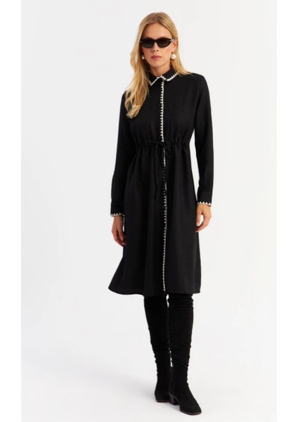 Kadın Siyah Garnili Gömlek Midi Elbise MASF10 modelleri