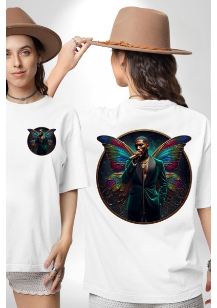 Zarif Kelebek Mikrofonlu Kanatlı Adam Beyaz Oversize Kadın Erkek Ön ve Sırt Baskılı Tişört