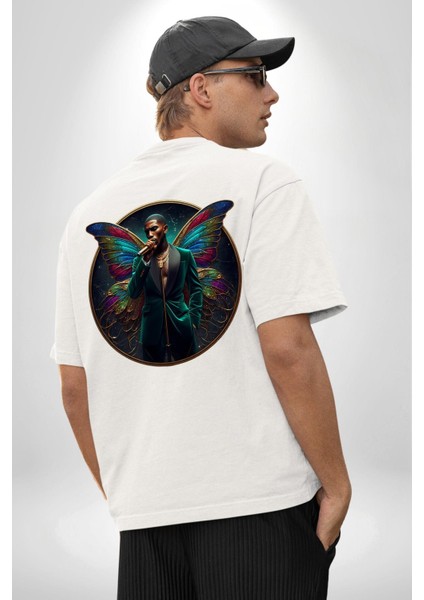 Zarif Kelebek Mikrofonlu Kanatlı Adam Beyaz Oversize Kadın Erkek Ön ve Sırt Baskılı Tişört fiyatları