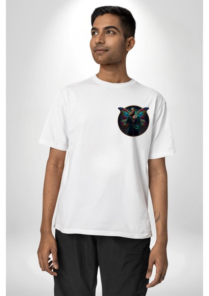 Zarif Kelebek Mikrofonlu Kanatlı Adam Beyaz Oversize Kadın Erkek Ön ve Sırt Baskılı Tişört modelleri