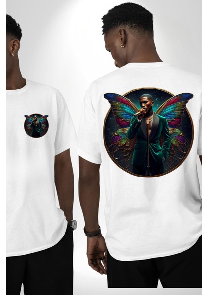 Zarif Kelebek Mikrofonlu Kanatlı Adam Beyaz Oversize Kadın Erkek Ön ve Sırt Baskılı Tişört fırsatları