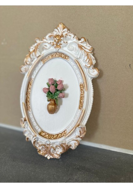 Beyaz Pembe Çiçekli Tablo 22 cm El Yapımı Tablo