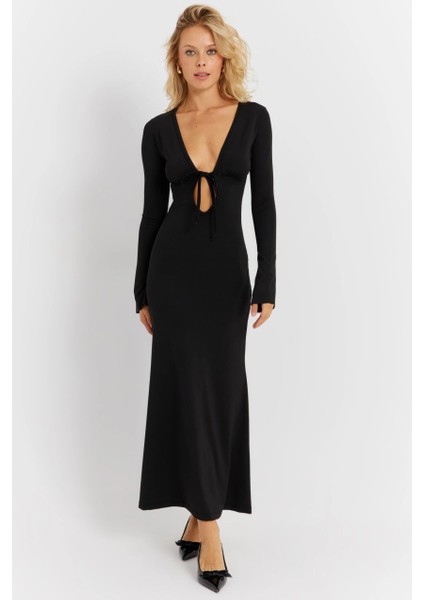 Kadın Siyah Önü Pencereli Midi Elbise EY2859 fiyatları