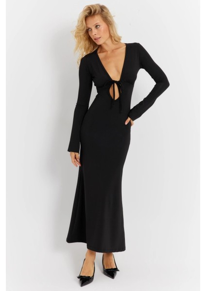 Kadın Siyah Önü Pencereli Midi Elbise EY2859 modelleri