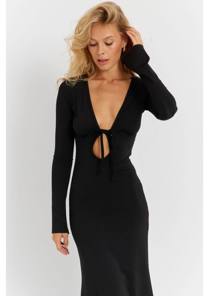 Kadın Siyah Önü Pencereli Midi Elbise EY2859 fırsatları