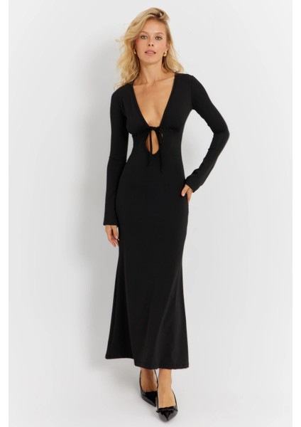 Kadın Siyah Önü Pencereli Midi Elbise EY2859 indirimleri