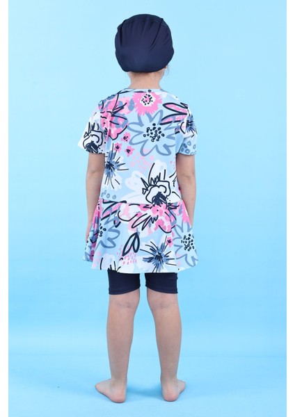 Kalp Desenli Lacivert Kız Çocuk Boneli Mayo Takımı