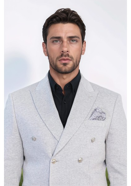 Gri Çizgili Gümüş Rengi Metal Düğmeli Slim Fit Kruvaze Blazer – Wessi fiyatları