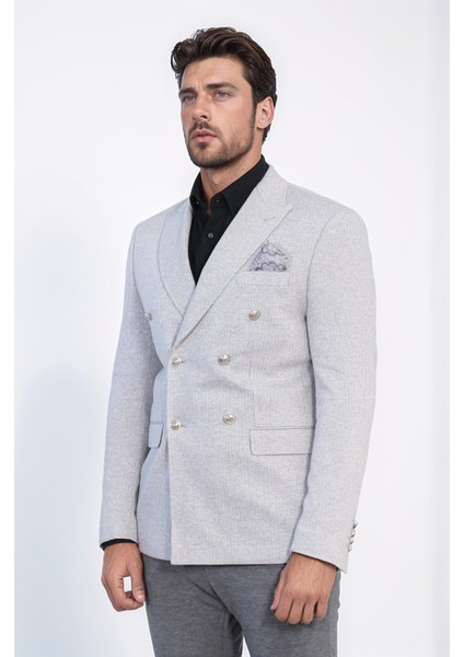 Gri Çizgili Gümüş Rengi Metal Düğmeli Slim Fit Kruvaze Blazer – Wessi modelleri
