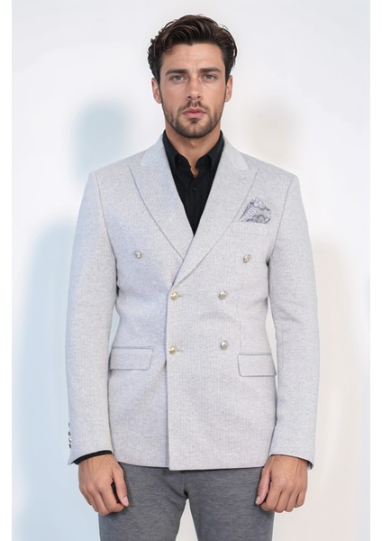 Gri Çizgili Gümüş Rengi Metal Düğmeli Slim Fit Kruvaze Blazer – Wessi fırsatları