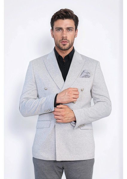 Gri Çizgili Gümüş Rengi Metal Düğmeli Slim Fit Kruvaze Blazer – Wessi indirimleri