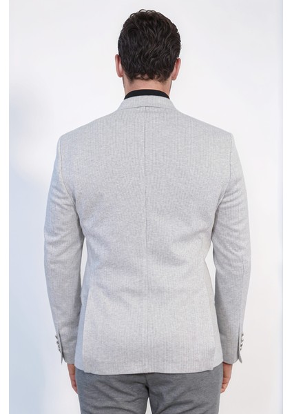 Gri Çizgili Gümüş Rengi Metal Düğmeli Slim Fit Kruvaze Blazer – Wessi