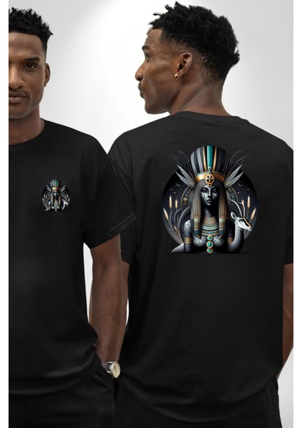 Anuket ve Koruma Tanrıçası Mısır Siyah Oversize Kadın Erkek Ön ve Sırt Baskılı Tişört