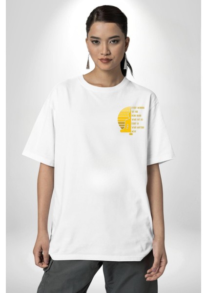 Her Sabah Yeniden Doğuş Temalı Motivasyon Yoga Beyaz Oversize Kadın Erkek Ön ve Sırt Baskılı Tişört modelleri