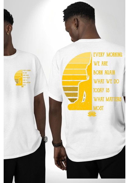 Her Sabah Yeniden Doğuş Temalı Motivasyon Yoga Beyaz Oversize Kadın Erkek Ön ve Sırt Baskılı Tişört fırsatları