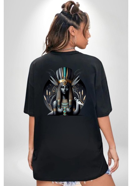 Anuket ve Koruma Tanrıçası Mısır Siyah Oversize Kadın Erkek Ön ve Sırt Baskılı Tişört indirimleri