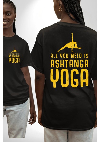 Ashtanga Yoga Sadelik ve Güç Siyah Oversize Kadın Erkek Ön ve Sırt Baskılı Tişört