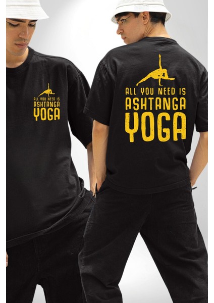 Ashtanga Yoga Sadelik ve Güç Siyah Oversize Kadın Erkek Ön ve Sırt Baskılı Tişört fırsatları
