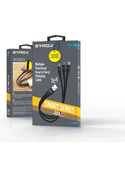 Syrox C144 Usb-A To Type-C +2 USB To Lightning 2.4A Çoklu Kablo modelleri