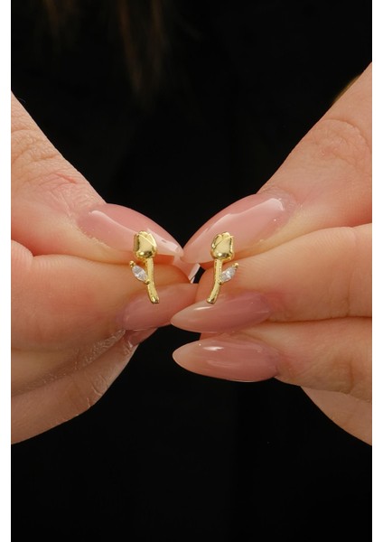 Taşlı Lale Altın Kaplama Mini Gümüş Küpe 7351