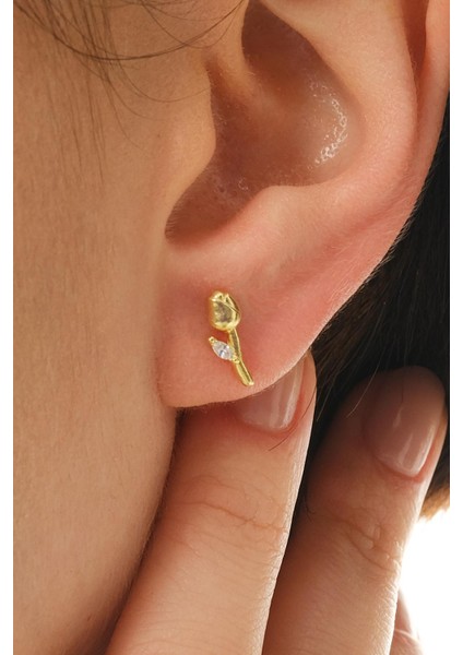 Taşlı Lale Altın Kaplama Mini Gümüş Küpe 7351 fiyatları