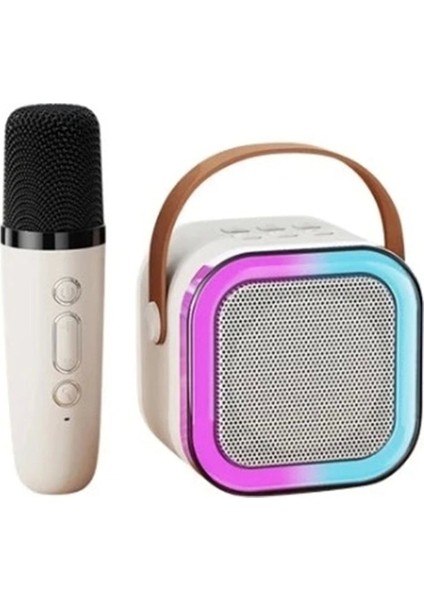 Karaoke Kablosuz Hoparlör Mikrofonlu Rgb Işıklı Bluetooth Speaker Tf Kart/Usb Beyaz