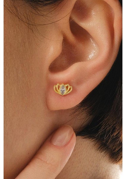 Lotus Çiçeği Altın Kaplama Mini Gümüş Küpe 7346