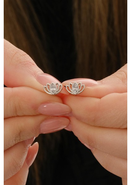 Lotus Çiçeği Rodyumlu Mini Gümüş Küpe 7347 modelleri