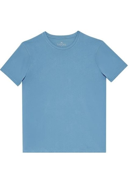 Unisex Slim Fit Dar Kesim %100 Pamuk Yumuşak Dokulu Mavi Bisiklet Yaka Tişört