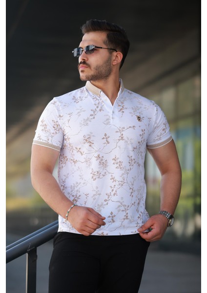 Erkek Beyaz Bej Yaprak Desenli Slim Fit Polo Yaka Tişört - 2529