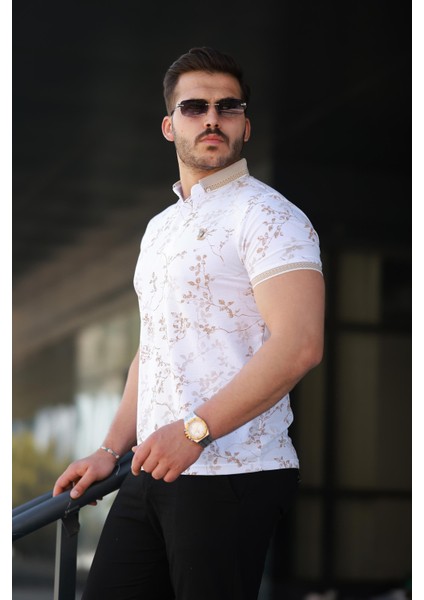 Erkek Beyaz Bej Yaprak Desenli Slim Fit Polo Yaka Tişört - 2529 fiyatları