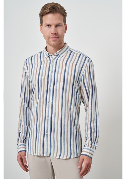 Erkek Indigo Keten Çizgili Desen Düğmeli Yaka Slim Fit Gömlek