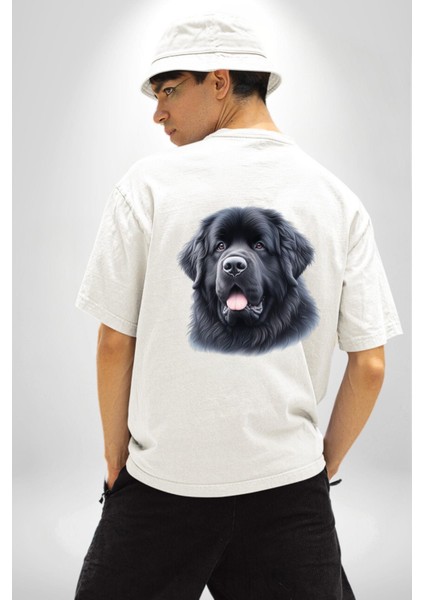 Newfoundland Güçlü Su Dostu Köpek Beyaz Oversize Kadın Erkek Ön ve Sırt Baskılı Tişört indirimleri