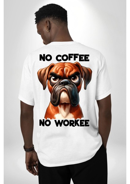 Kahve Olmadan Çalışmam Kahve Aşkı ve Boxer Köpek Beyaz Oversize Kadın Erkek Ön ve Sırt Baskılı Tişört fiyatları