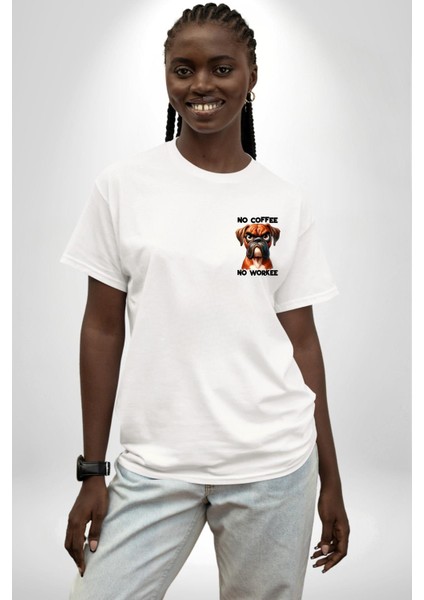 Kahve Olmadan Çalışmam Kahve Aşkı ve Boxer Köpek Beyaz Oversize Kadın Erkek Ön ve Sırt Baskılı Tişört modelleri