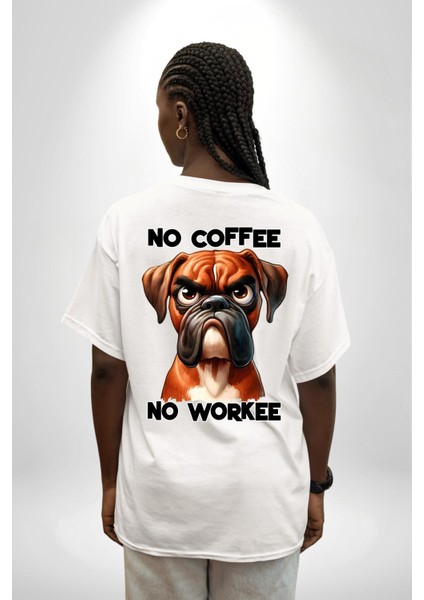 Kahve Olmadan Çalışmam Kahve Aşkı ve Boxer Köpek Beyaz Oversize Kadın Erkek Ön ve Sırt Baskılı Tişört indirimleri