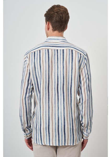 Erkek Indigo Keten Çizgili Desen Düğmeli Yaka Slim Fit Gömlek fırsatları