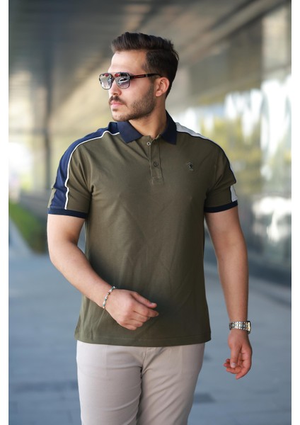 Erkek Polo Yaka Haki Şerit Detaylı Regular Fit Tişört - 2530