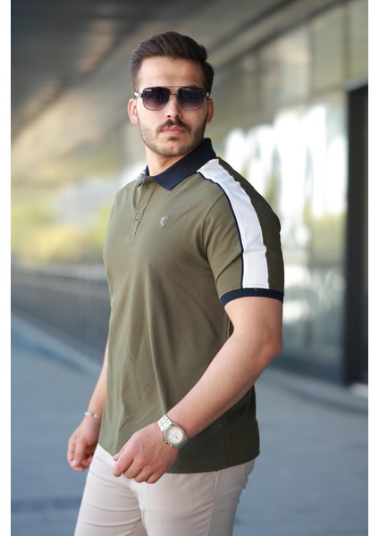 Erkek Polo Yaka Haki Şerit Detaylı Regular Fit Tişört - 2530 fiyatları