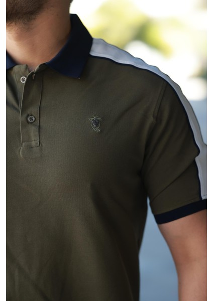 Erkek Polo Yaka Haki Şerit Detaylı Regular Fit Tişört - 2530 modelleri