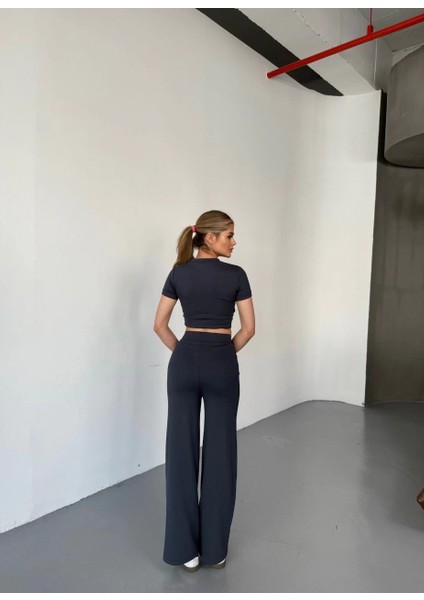 Osy Modal Yumuşak Dokulu Kumaş Kısa Kollu Crop Rahat Pantalon Ikili Takım - Füme indirimleri