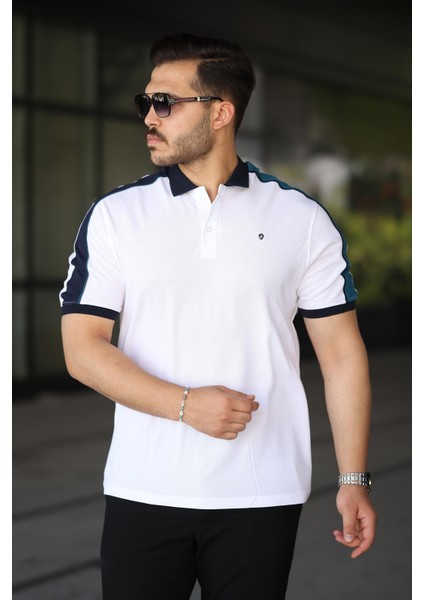 Erkek Polo Yaka Beyaz Şerit Detaylı Regular Fit Tişört - 2530