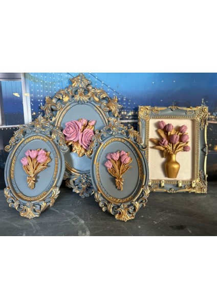 Çiçekli Duvar Tablo Anahtarlık ve Tablo 4lü Set