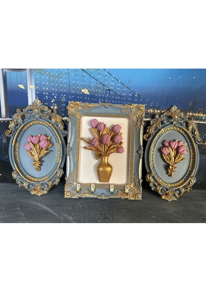 Çiçekli Duvar Tablo Anahtarlık ve Tablo 4lü Set modelleri