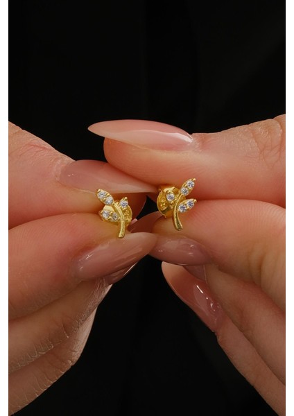 Yaprak Altın Kaplama Mini Gümüş Küpe 7373